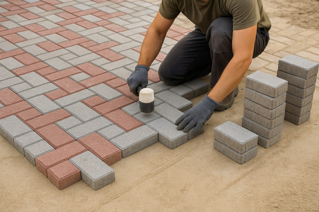 Мощение тротуарной плитки с подготовкой основания в Парголово